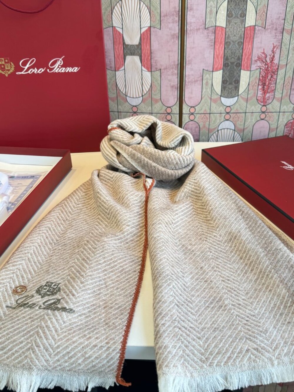 Loro Piana Beige Chevron Herringbone Cashmere Fringe Scarf Stole